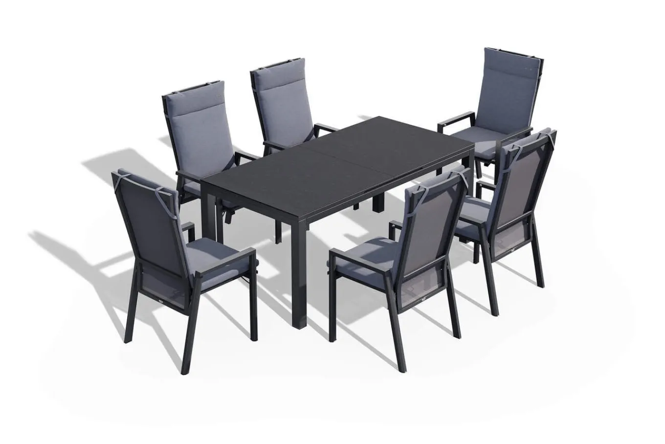 Clearance Miros/Valencia Garten-Essgruppe, anthrazit/grau, Aluminium, Ausziehtisch 180/240 x 90 cm, 6x verstellbare Sessel Garten-Essgruppen