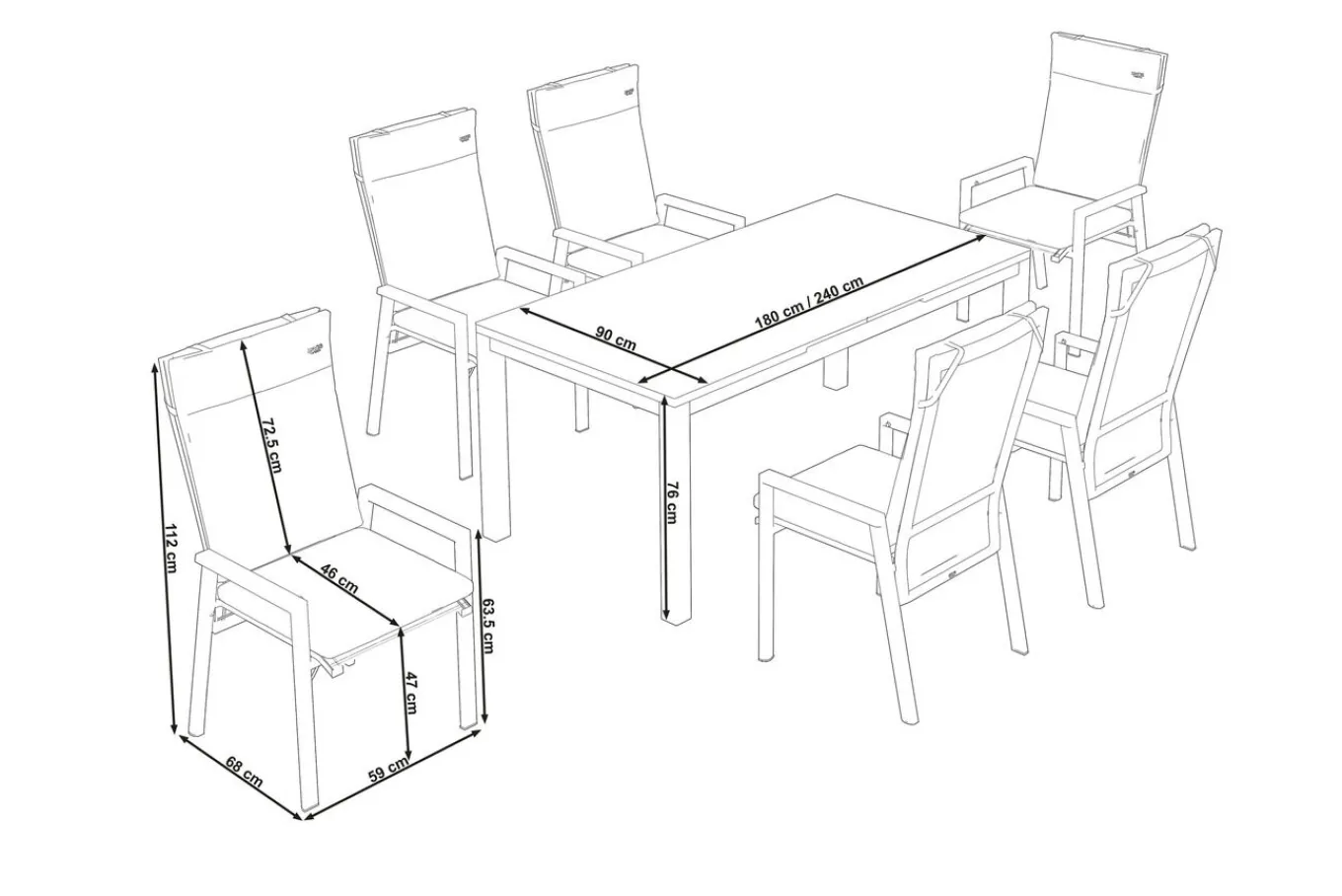 Clearance Miros/Valencia Garten-Essgruppe, anthrazit/grau, Aluminium, Ausziehtisch 180/240 x 90 cm, 6x verstellbare Sessel Garten-Essgruppen