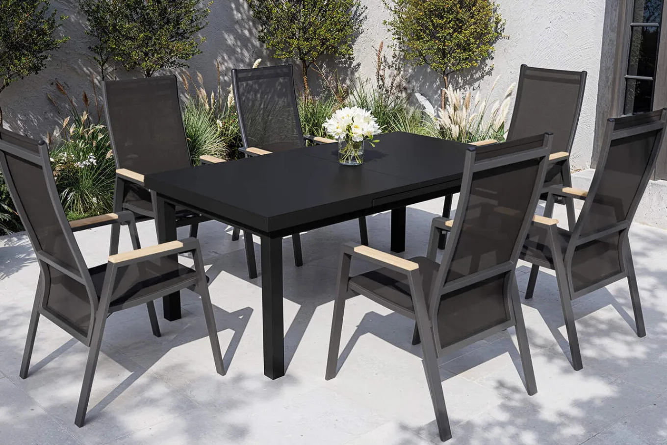 Online Savona Garten-Essgruppe, anthrazit matt/grau, Alu/Glas/Teak/Ranotex, 180/240 x 100 cm, ausziehbar Garten-Essgruppen