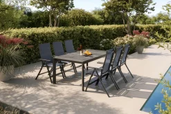 Best Silva Garten-Essgruppe mit 6 Klappstühlen, anthrazit/grau, Alu/Textilene, Tisch mit Keramikplatte 180 x 100 cm Garten-Essgruppen|Aluminium-Gartenmöbel