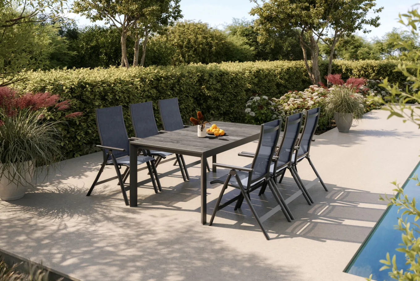 Best Silva Garten-Essgruppe mit 6 Klappstühlen, anthrazit/grau, Alu/Textilene, Tisch mit Keramikplatte 180 x 100 cm Garten-Essgruppen|Aluminium-Gartenmöbel