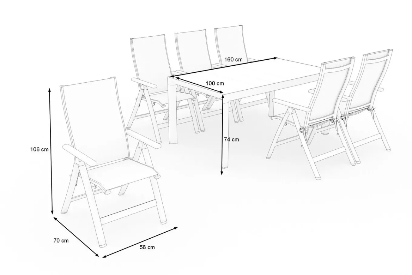 Silva Garten-Essgruppe mit 6 Klappstühlen, anthrazit/grau, Alu/Textilene, Esstisch mit Keramikplatte 160 x 90 cm Garten-Essgruppen|Aluminium-Gartenmöbel