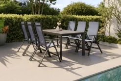 Silva Garten-Essgruppe mit 6 Klappstühlen, anthrazit/grau, Alu/Textilene, Esstisch mit Keramikplatte 160 x 90 cm Garten-Essgruppen|Aluminium-Gartenmöbel