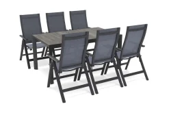Silva Garten-Essgruppe mit 6 Klappstühlen, anthrazit/grau, Alu/Textilene, Esstisch mit Keramikplatte 160 x 90 cm Garten-Essgruppen|Aluminium-Gartenmöbel