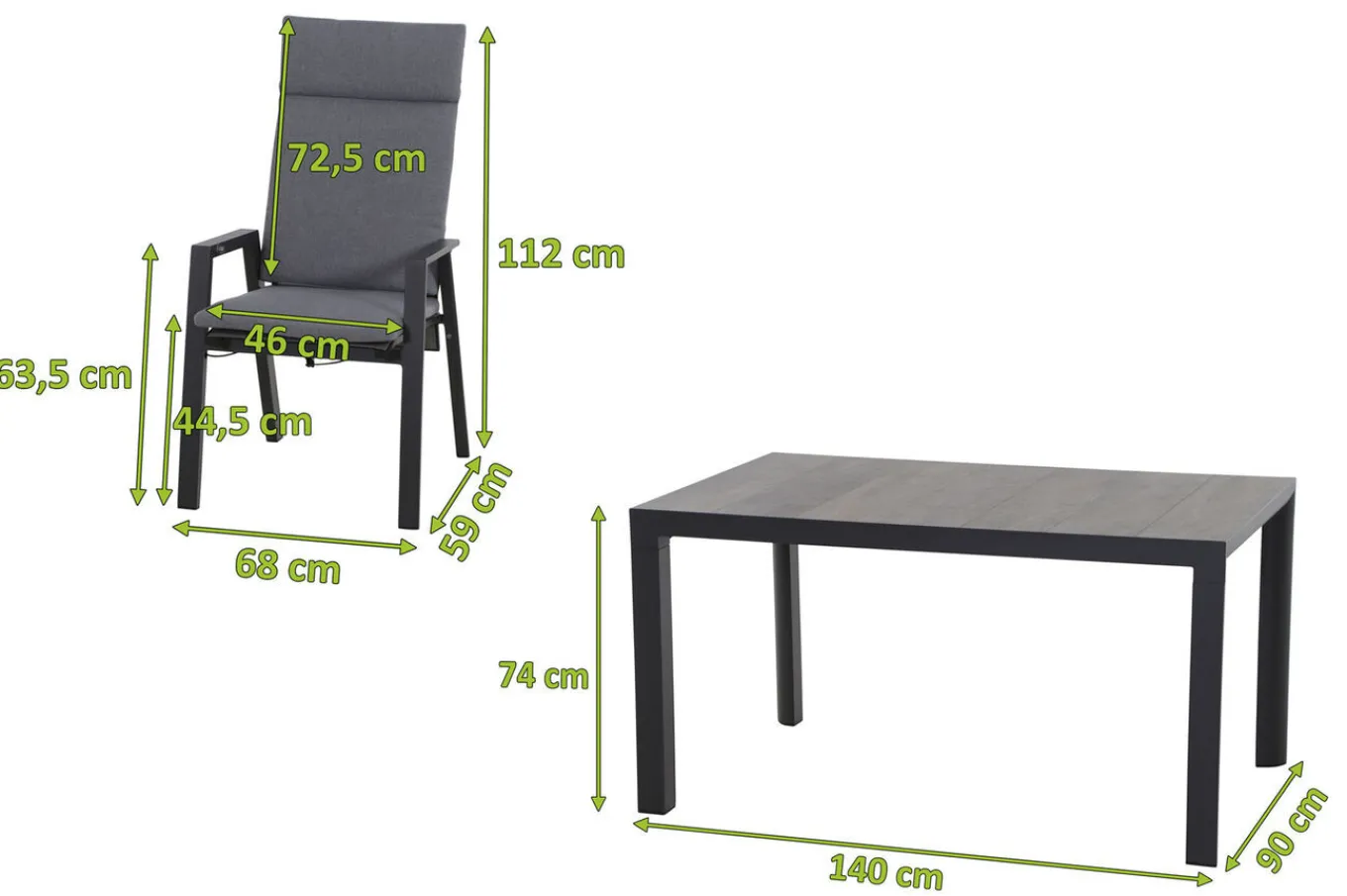 Discount Silva/Valencia Garten-Essgruppe, anthrazit/grau, Alu/Textilgewebe/Keramik, 140 x 90cm, inkl. 4 Diningsessel, stufenlos verstellbar Garten-Essgruppen|Aluminium-Gartenmöbel