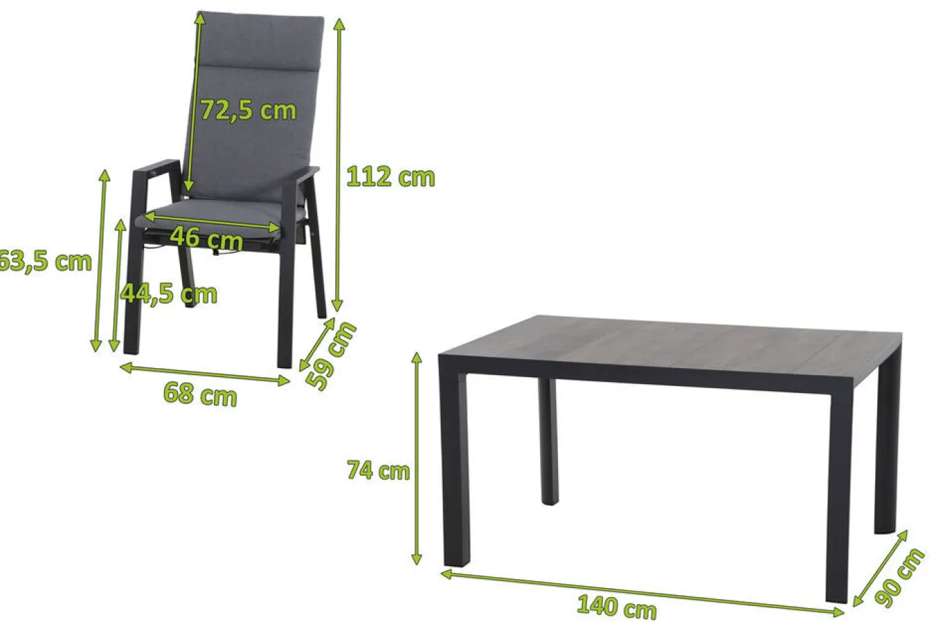Discount Silva/Valencia Garten-Essgruppe, anthrazit/grau, Alu/Textilgewebe/Keramik, 140 x 90cm, inkl. 4 Diningsessel, stufenlos verstellbar Garten-Essgruppen|Aluminium-Gartenmöbel