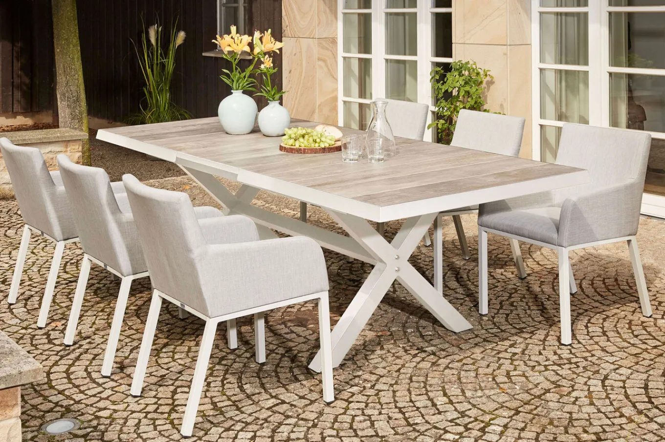 Best Sincro Ausziehtisch, matt weiß-grau/washed grey, Alu/Keramik, 200/260x100 cm, synchroner Auszugsmechanismus Gartentische|Aluminium-Gartenmöbel