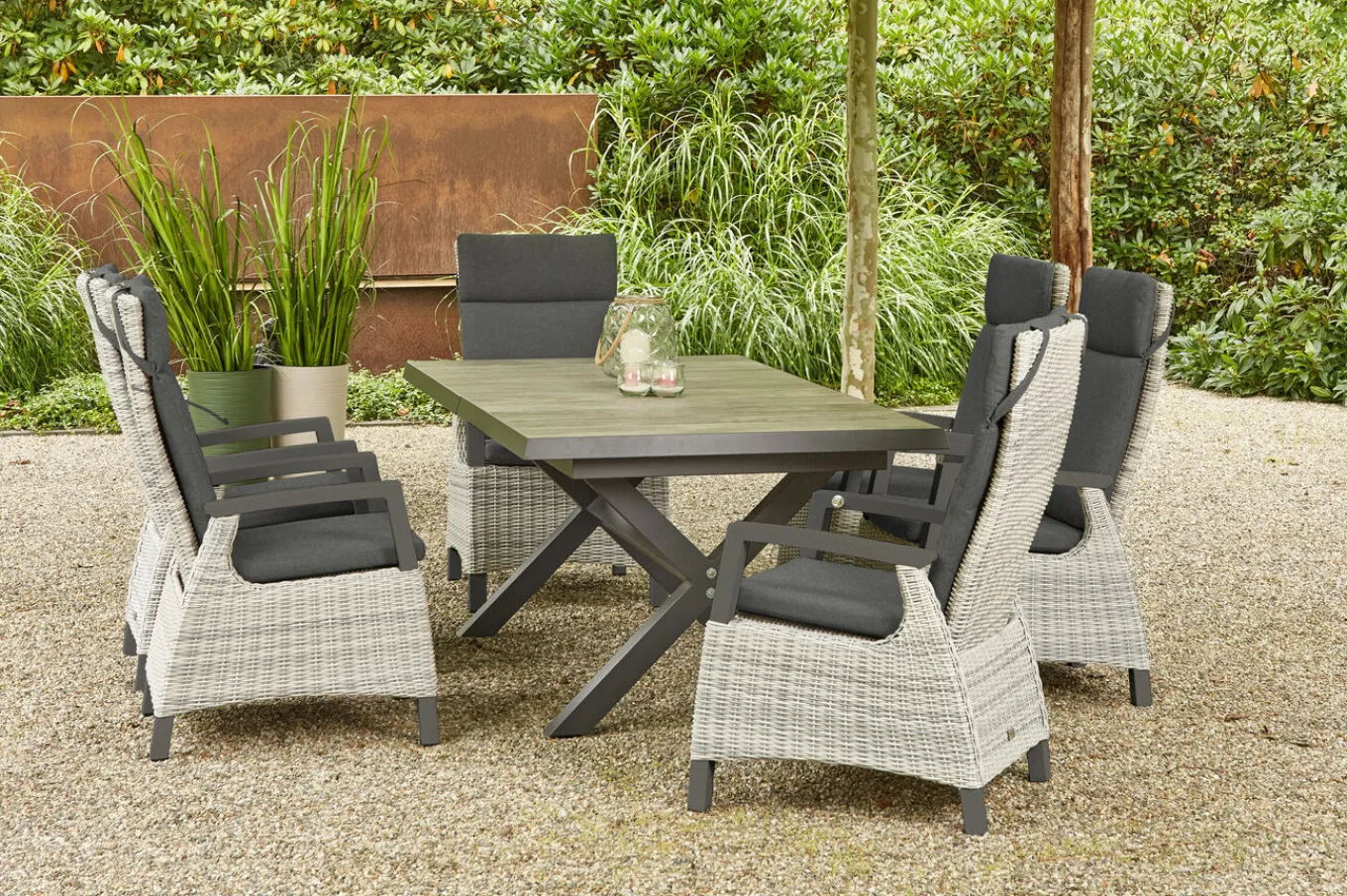Sale Sincro/Corido Garten-Essgruppe, anthrazit/grau, Alu/Geflecht/Keramik, 200/260 x 100 cm, inkl. 6 Diningsessel Garten-Essgruppen