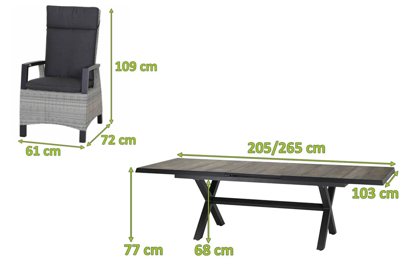 Sale Sincro/Corido Garten-Essgruppe, anthrazit/grau, Alu/Geflecht/Keramik, 200/260 x 100 cm, inkl. 6 Diningsessel Garten-Essgruppen