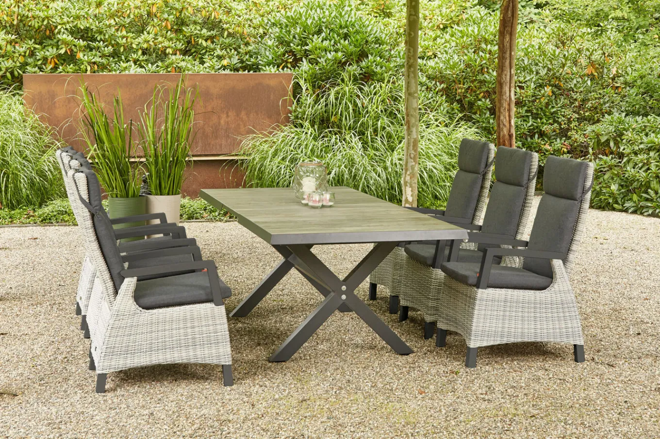 Sale Sincro/Corido Garten-Essgruppe, anthrazit/grau, Alu/Geflecht/Keramik, 200/260 x 100 cm, inkl. 6 Diningsessel Garten-Essgruppen
