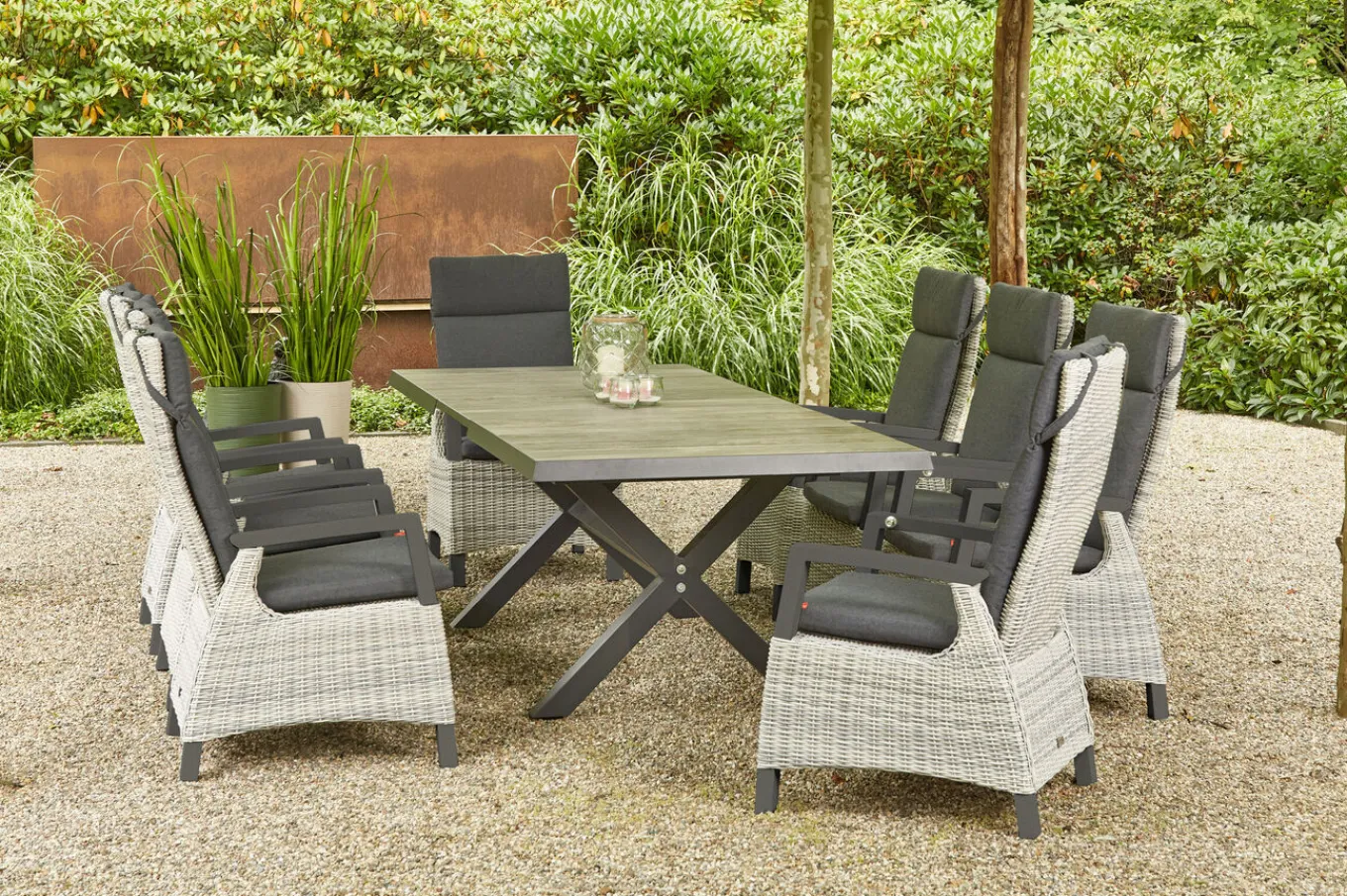 Sale Sincro/Corido Garten-Essgruppe, anthrazit/grau, Alu/Geflecht/Keramik, 200/260 x 100 cm, inkl. 8 Diningsessel Garten-Essgruppen