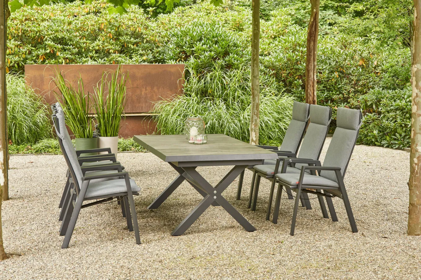 Hot Sincro/Valencia Garten-Essgruppe, anthrazit/grau, Alu/Textilgewebe/Keramik, 200/260 x 100 cm, inkl. 6 Diningsessel, stufenlos verstellbar Garten-Essgruppen|Aluminium-Gartenmöbel