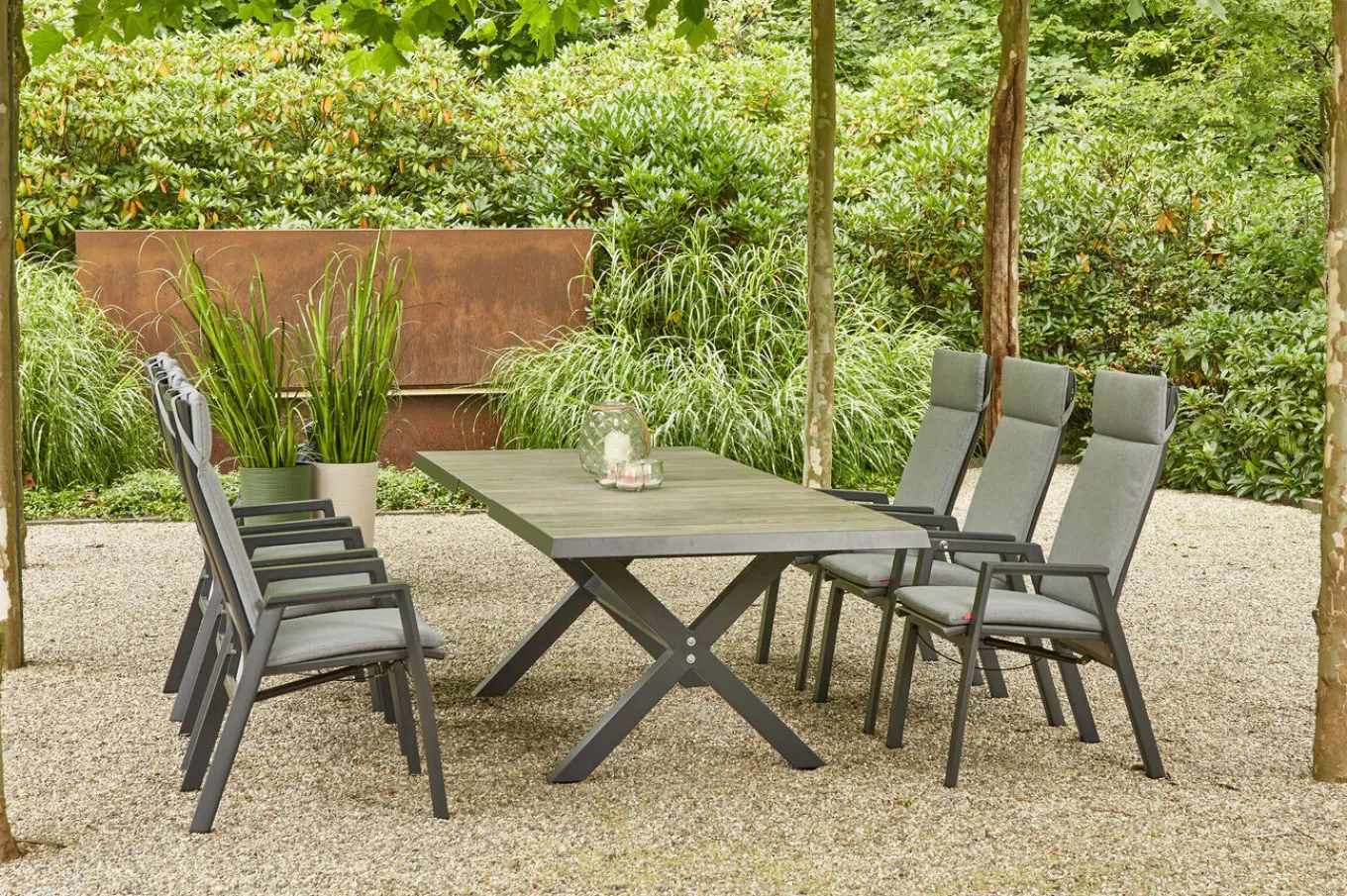 Hot Sincro/Valencia Garten-Essgruppe, anthrazit/grau, Alu/Textilgewebe/Keramik, 200/260 x 100 cm, inkl. 6 Diningsessel, stufenlos verstellbar Garten-Essgruppen|Aluminium-Gartenmöbel