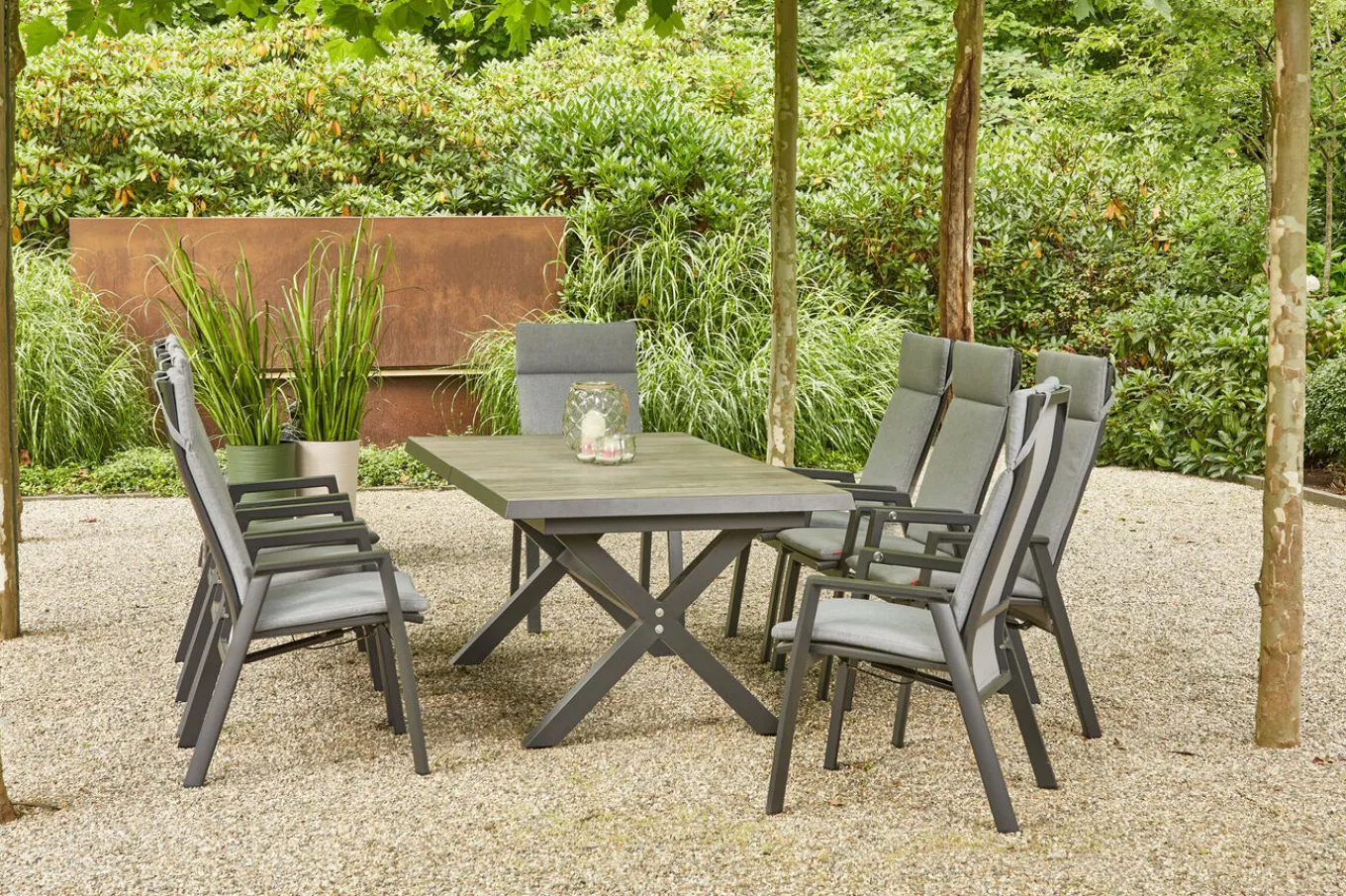 Online Sincro/Valencia Garten-Essgruppe, anthrazit/grau, Alu/Textilgewebe/Keramik, 200/260 x 100 cm, inkl. 8 Diningsessel, stufenlos verstellbar Garten-Essgruppen