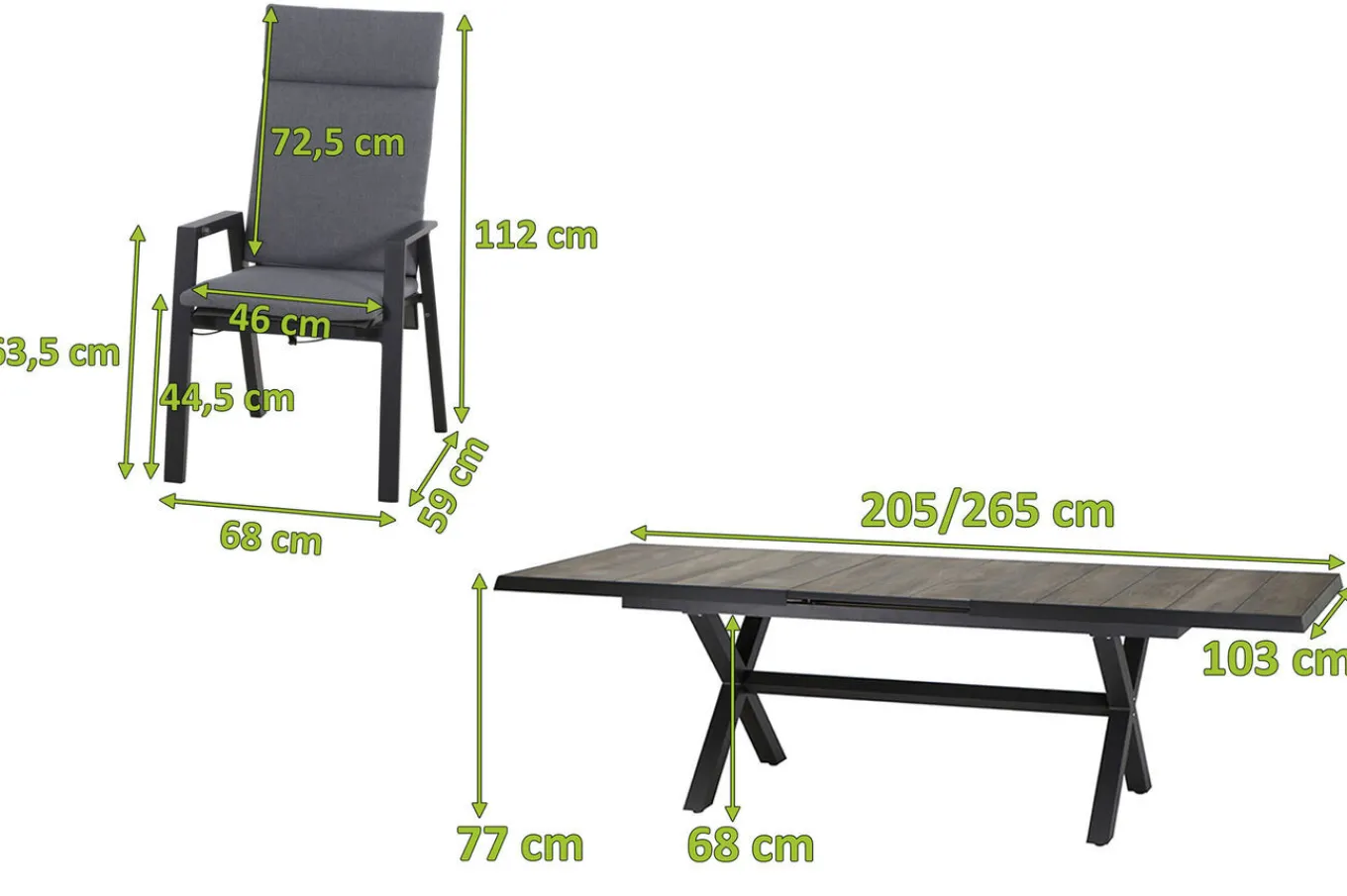 Online Sincro/Valencia Garten-Essgruppe, anthrazit/grau, Alu/Textilgewebe/Keramik, 200/260 x 100 cm, inkl. 8 Diningsessel, stufenlos verstellbar Garten-Essgruppen