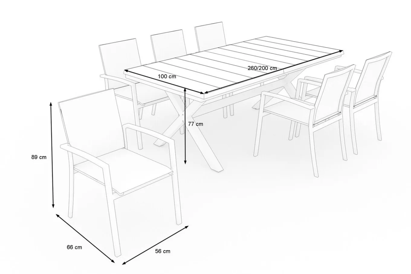 Outlet Sincro/Velia Garten-Essgruppe für 6 Personen, matt weiß-grau/washed grey, Alu/Ranotex, ausziehbare Tischplatte aus Keramik, stapelbare Stühle Aluminium-Gartenmöbel
