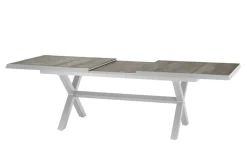 Outlet Sincro/Velia Garten-Essgruppe für 6 Personen, matt weiß-grau/washed grey, Alu/Ranotex, ausziehbare Tischplatte aus Keramik, stapelbare Stühle Aluminium-Gartenmöbel