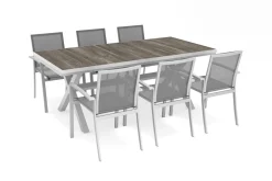 Outlet Sincro/Velia Garten-Essgruppe für 6 Personen, matt weiß-grau/washed grey, Alu/Ranotex, ausziehbare Tischplatte aus Keramik, stapelbare Stühle Aluminium-Gartenmöbel