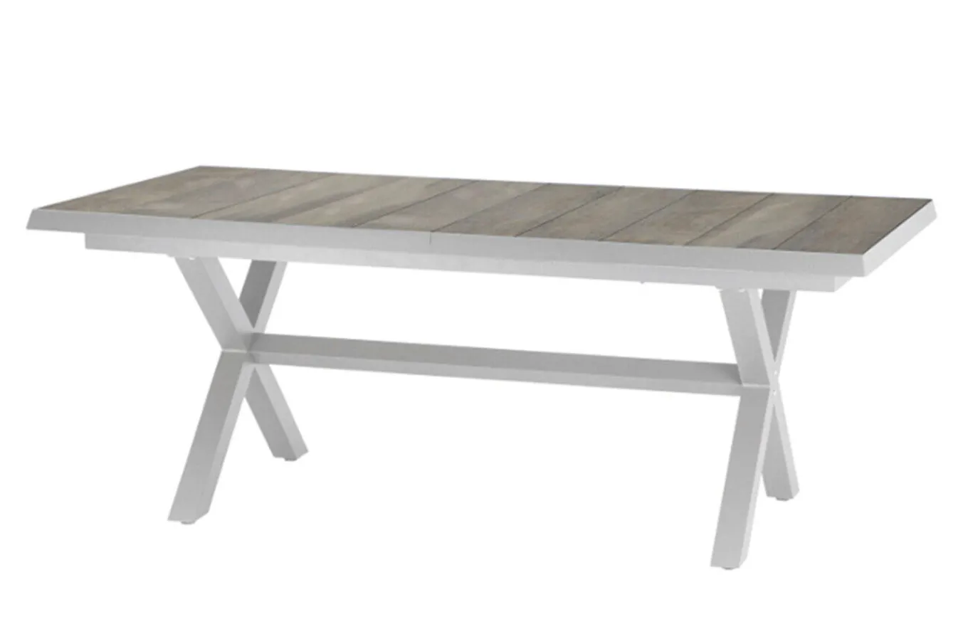 Clearance Sincro/Velia Garten-Essgruppe für 8 Personen, matt weiß-grau/washed grey, Alu/Ranotex, ausziehbare Tischplatte aus Keramik, stapelbare Stühle Garten-Essgruppen|Aluminium-Gartenmöbel