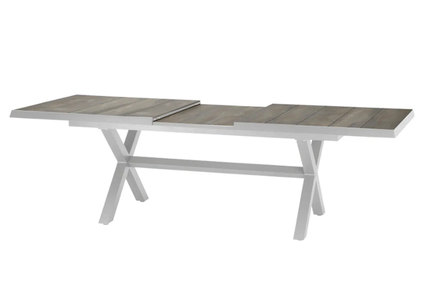Clearance Sincro/Velia Garten-Essgruppe für 8 Personen, matt weiß-grau/washed grey, Alu/Ranotex, ausziehbare Tischplatte aus Keramik, stapelbare Stühle Garten-Essgruppen|Aluminium-Gartenmöbel