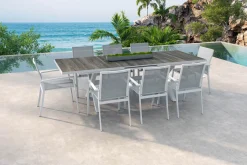 Clearance Sincro/Velia Garten-Essgruppe für 8 Personen, matt weiß-grau/washed grey, Alu/Ranotex, ausziehbare Tischplatte aus Keramik, stapelbare Stühle Garten-Essgruppen|Aluminium-Gartenmöbel