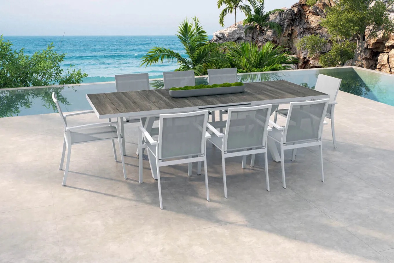 Clearance Sincro/Velia Garten-Essgruppe für 8 Personen, matt weiß-grau/washed grey, Alu/Ranotex, ausziehbare Tischplatte aus Keramik, stapelbare Stühle Garten-Essgruppen|Aluminium-Gartenmöbel