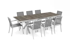 Clearance Sincro/Velia Garten-Essgruppe für 8 Personen, matt weiß-grau/washed grey, Alu/Ranotex, ausziehbare Tischplatte aus Keramik, stapelbare Stühle Garten-Essgruppen|Aluminium-Gartenmöbel