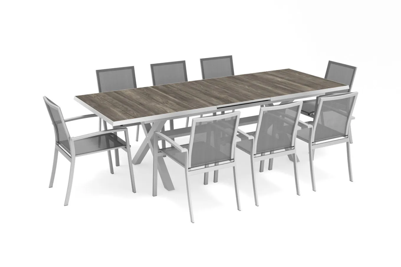 Clearance Sincro/Velia Garten-Essgruppe für 8 Personen, matt weiß-grau/washed grey, Alu/Ranotex, ausziehbare Tischplatte aus Keramik, stapelbare Stühle Garten-Essgruppen|Aluminium-Gartenmöbel