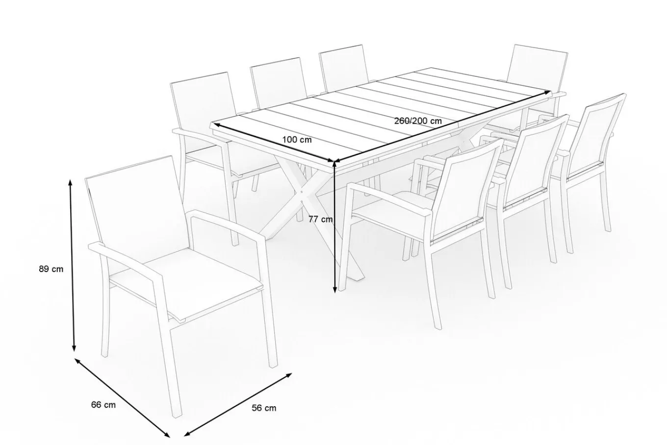 Clearance Sincro/Velia Garten-Essgruppe für 8 Personen, matt weiß-grau/washed grey, Alu/Ranotex, ausziehbare Tischplatte aus Keramik, stapelbare Stühle Garten-Essgruppen|Aluminium-Gartenmöbel