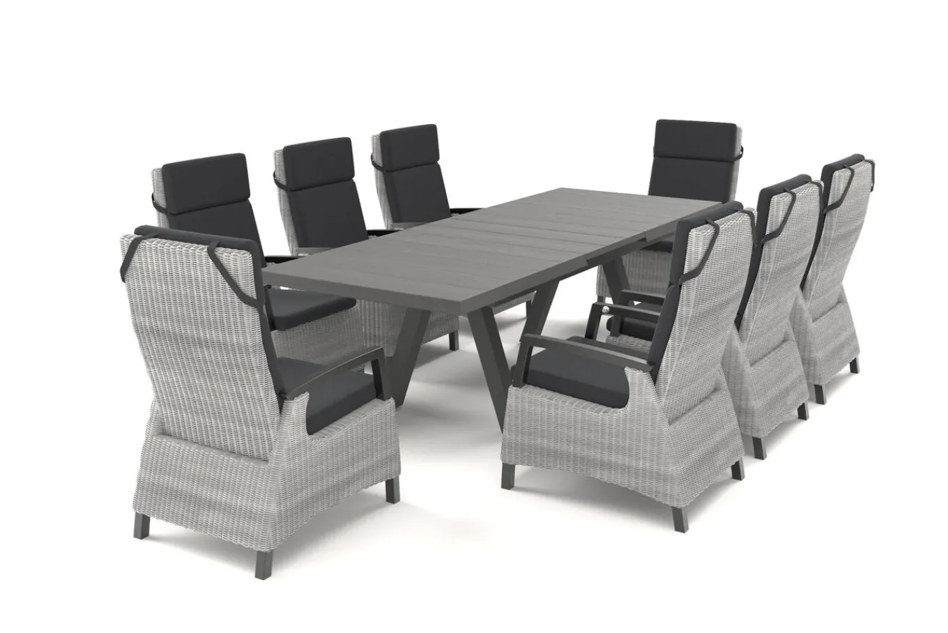 Discount Tirana/Corido Garten-Essgruppe, matt anthrazit, Aluminium/Keramik, Ausziehtisch, 8 Sessel Polyrattan-Gartenmöbel