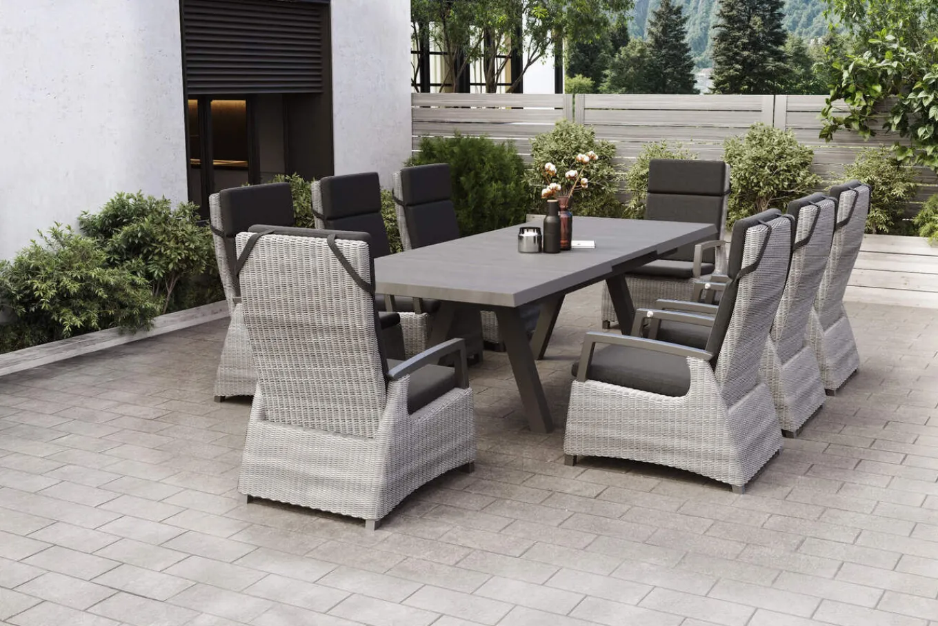 Discount Tirana/Corido Garten-Essgruppe, matt anthrazit, Aluminium/Keramik, Ausziehtisch, 8 Sessel Polyrattan-Gartenmöbel