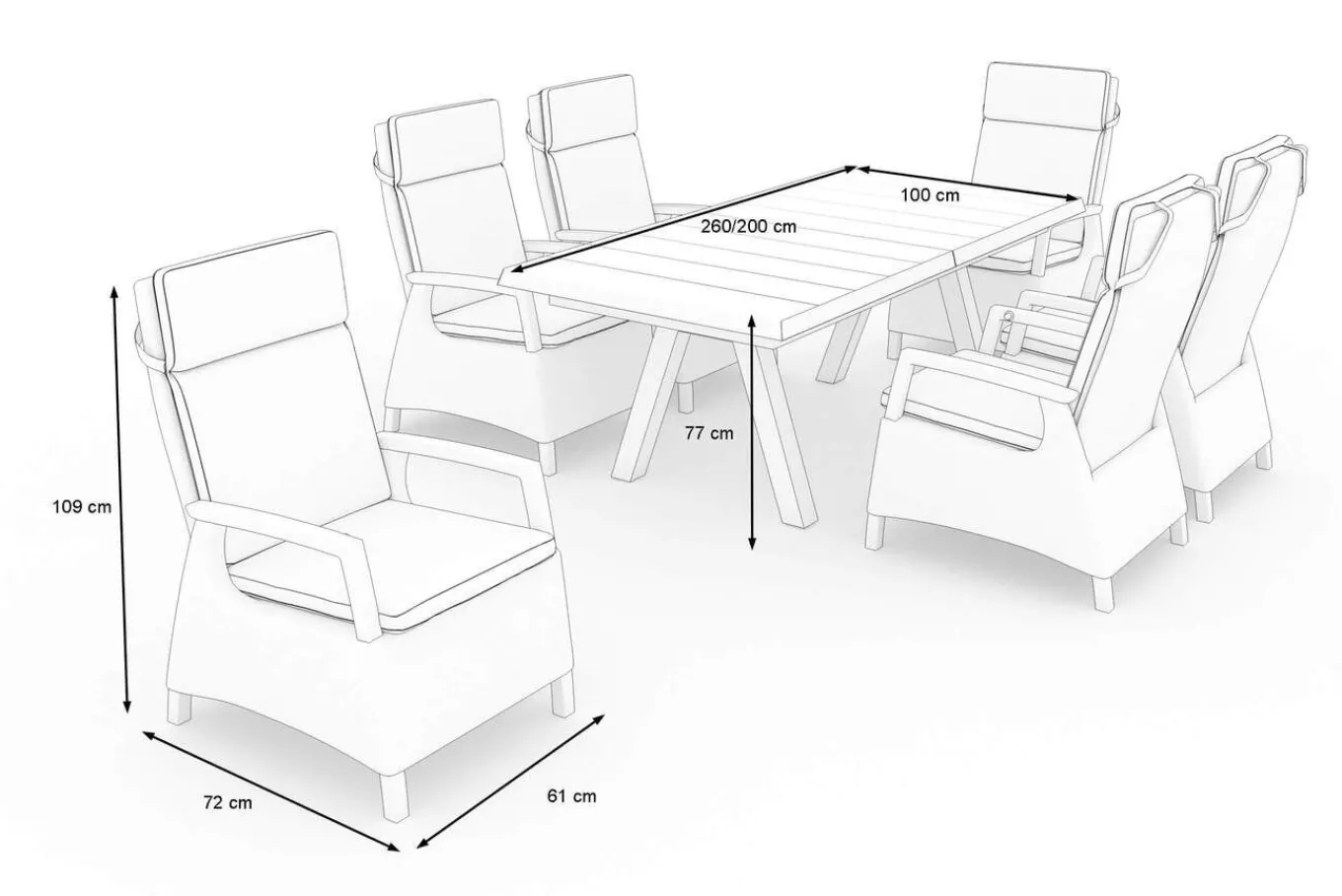 Hot Tirana/Corido Garten-Essgruppe, matt anthrazit, Alu/Polyrattan/Keramik, Ausziehtisch, 6 Dining Sessel Polyrattan-Gartenmöbel|Garten-Essgruppen