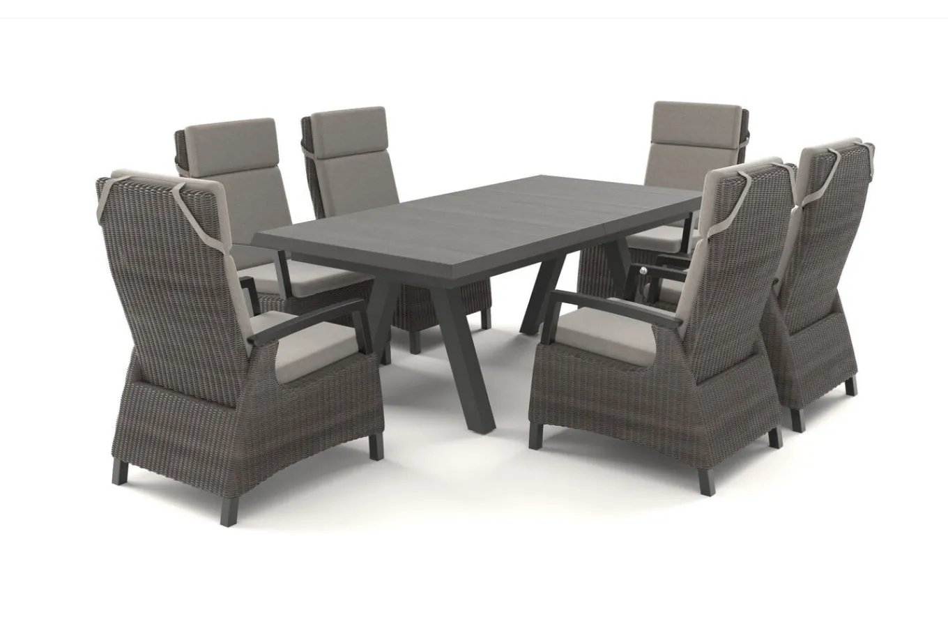 Hot Tirana/Corido Garten-Essgruppe, matt anthrazit, Alu/Polyrattan/Keramik, Ausziehtisch, 6 Dining Sessel Polyrattan-Gartenmöbel|Garten-Essgruppen