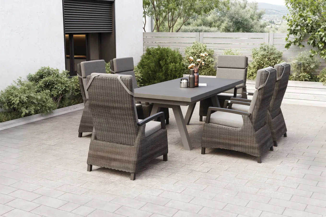 Hot Tirana/Corido Garten-Essgruppe, matt anthrazit, Alu/Polyrattan/Keramik, Ausziehtisch, 6 Dining Sessel Polyrattan-Gartenmöbel|Garten-Essgruppen