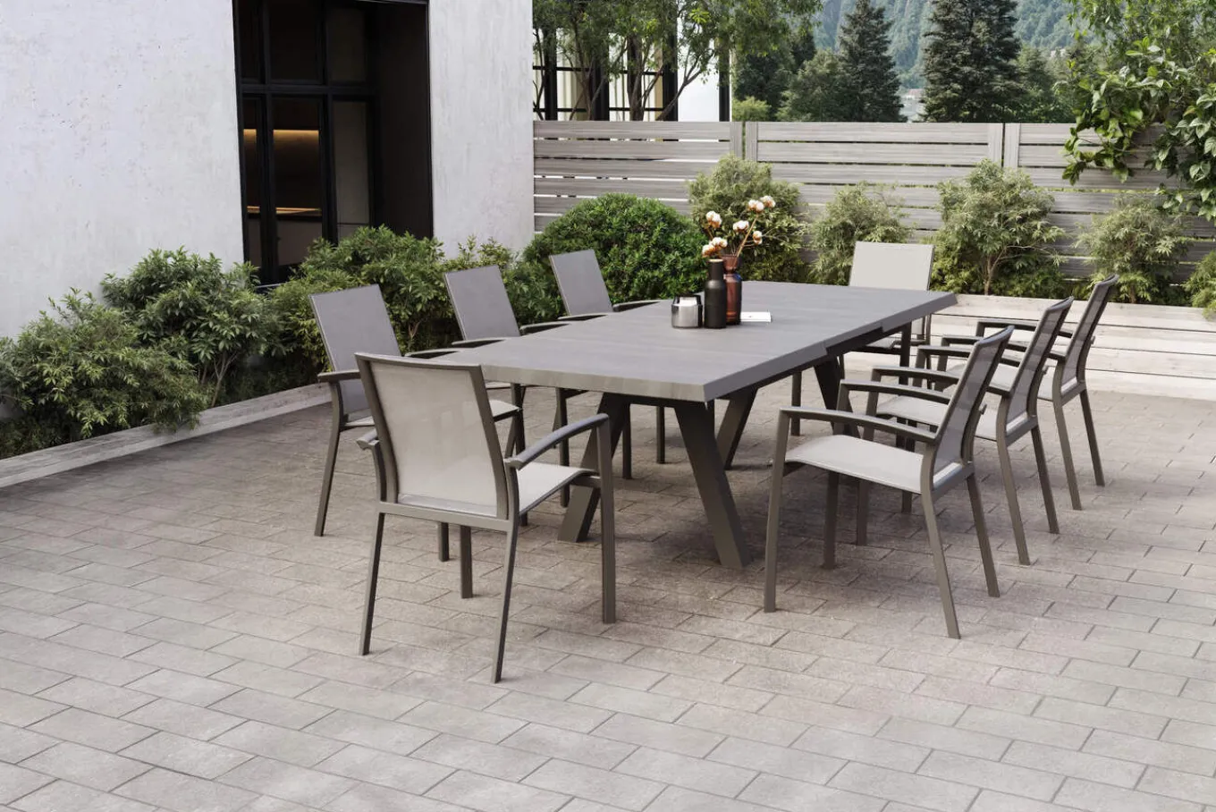 Online SIENA GARDEN Tirana/Velia Garten-Essgruppe, matt anthrazit/wood-grey, Aluminium/Keramik, Ausziehtisch, 8 Stapelsessel Garten-Essgruppen|Aluminium-Gartenmöbel