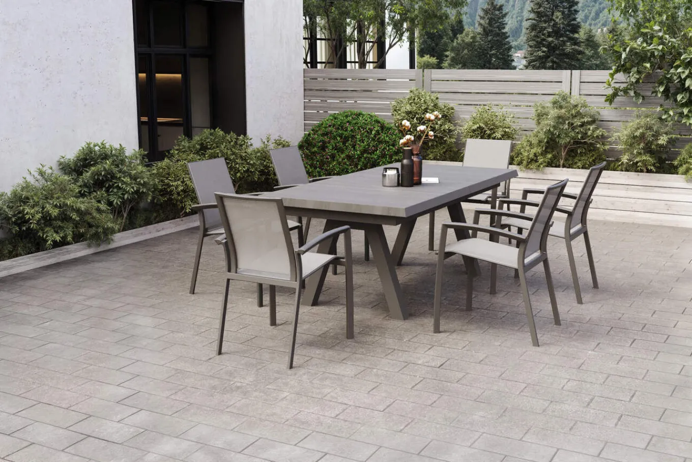 New SIENA GARDEN Tirana/Velia Garten-Essgruppe, matt anthrazit/wood-grey, Aluminium/Keramik, Ausziehtisch, 6 Stapelsessel Garten-Essgruppen|Aluminium-Gartenmöbel