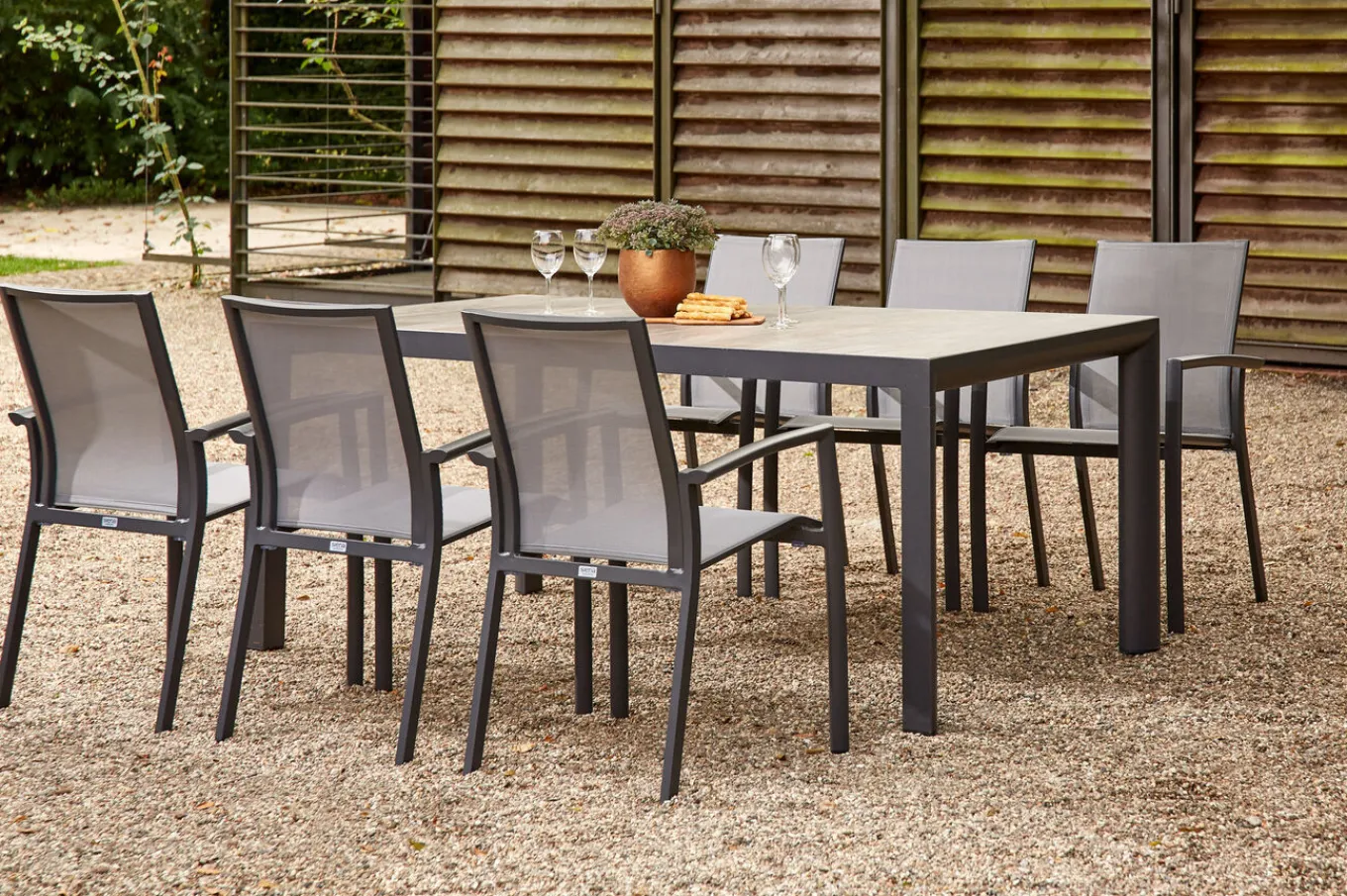 New Velia / Silva Garten-Essgruppe, anthrazit/washed grey, Alu/Ranotex/Keramik, 6 Sessel, Tisch 180 x 100 cm Garten-Essgruppen|Aluminium-Gartenmöbel