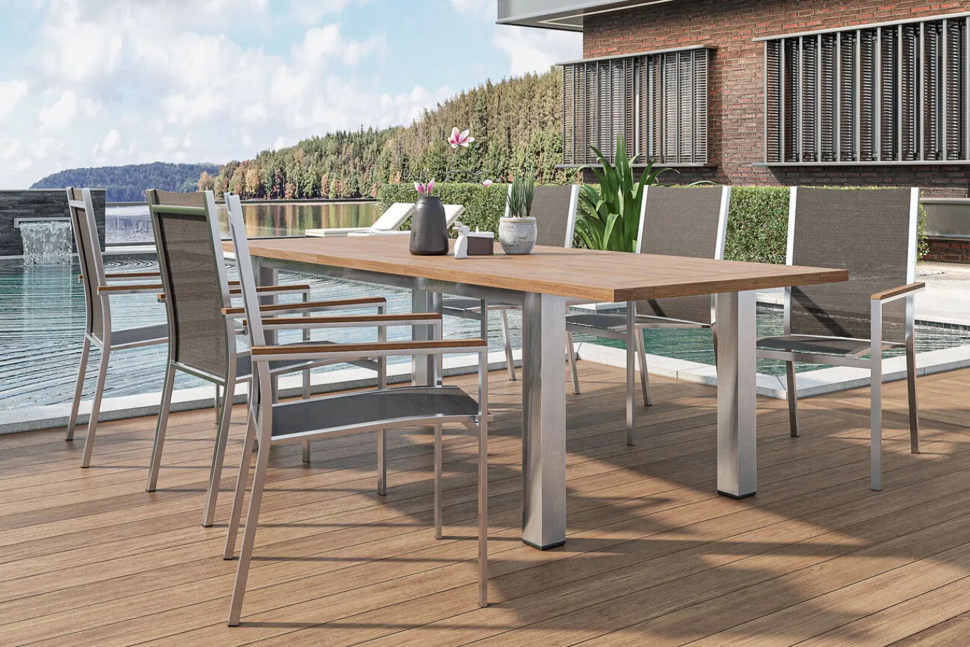Cardiff Garten-Essgruppe, silber/taupe, Edelstahl/recyceltes Teak, Tisch 200/260 x 100 cm, 6 Stapelsessel, FSC®-zertifiziertes Produkt Garten-Essgruppen