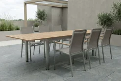 Sale Cardiff Garten-Essgruppe, silber/taupe, Edelstahl/Teak, Tisch 200/300 x 100 cm, 6 Stapelsessel, FSC®-zertifiziertes Produkt Edelstahl-Gartenmöbel