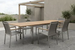 Sale Cardiff Garten-Essgruppe, silber/taupe, Edelstahl/Teak, Tisch 200/300 x 100 cm, 6 Stapelsessel, FSC®-zertifiziertes Produkt Edelstahl-Gartenmöbel