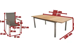 Sale Cardiff Garten-Essgruppe, silber/taupe, Edelstahl/Teak, Tisch 200/300 x 100 cm, 6 Stapelsessel, FSC®-zertifiziertes Produkt Edelstahl-Gartenmöbel