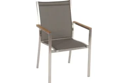 Sale Cardiff Garten-Essgruppe, silber/taupe, Edelstahl/Teak, Tisch 200/300 x 100 cm, 6 Stapelsessel, FSC®-zertifiziertes Produkt Edelstahl-Gartenmöbel