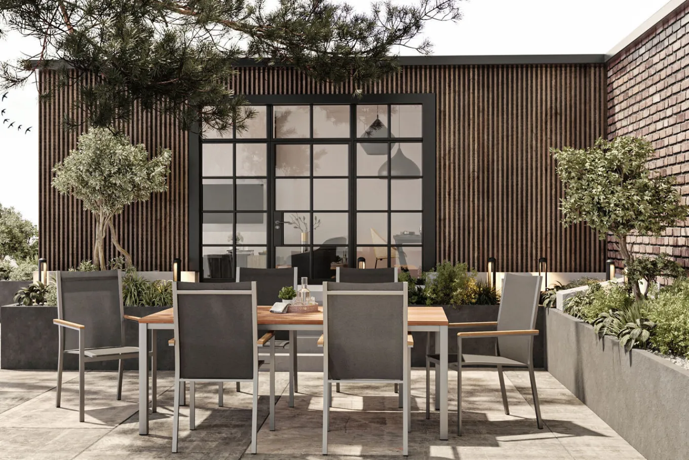 New Cardiff Garten-Essgruppe, silber/taupe, Edelstahl/Teak, Tisch 200 x 100 cm, 6 Stapelsessel Garten-Essgruppen|Edelstahl-Gartenmöbel