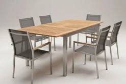 Sale Cardiff Garten-Essgruppe, silber/silbergrau, Edelstahl/Teak, Tisch 150/200 x 90 cm, 6 Stapelsessel Garten-Essgruppen