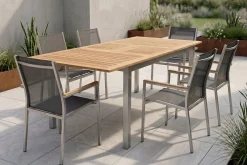 Sale Cardiff Garten-Essgruppe, silber/silbergrau, Edelstahl/Teak, Tisch 150/200 x 90 cm, 6 Stapelsessel Garten-Essgruppen
