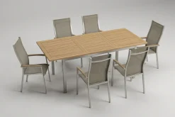 Discount Cardiff Garten-Essgruppe, silber/taupe, Edelstahl/Textilen/Teakholz, 162/220 x 90 cm, 6 Stapelsessel, Butterfly-Auszug Garten-Essgruppen|Edelstahl-Gartenmöbel
