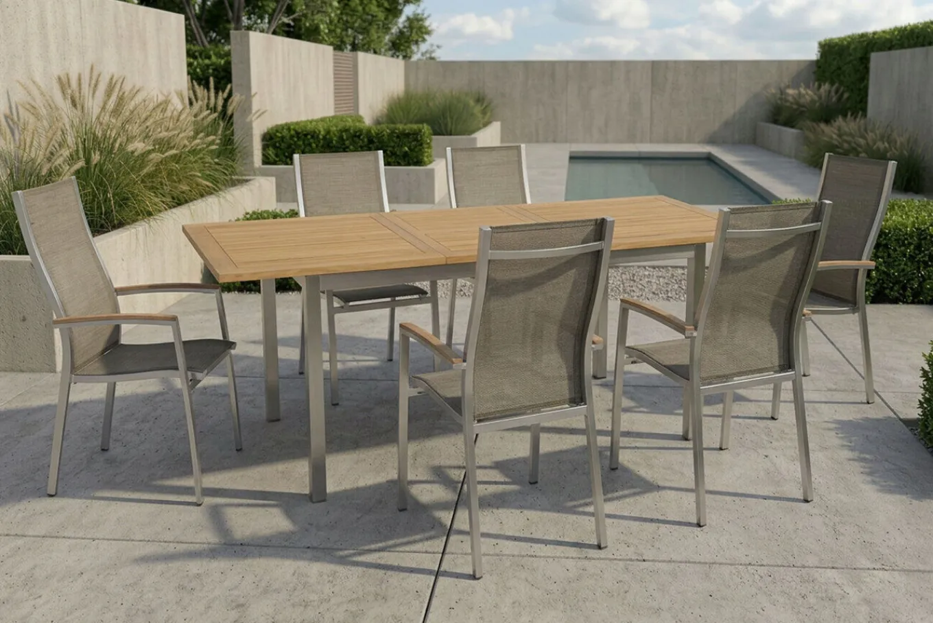 Discount Cardiff Garten-Essgruppe, silber/taupe, Edelstahl/Textilen/Teakholz, 162/220 x 90 cm, 6 Stapelsessel, Butterfly-Auszug Garten-Essgruppen|Edelstahl-Gartenmöbel