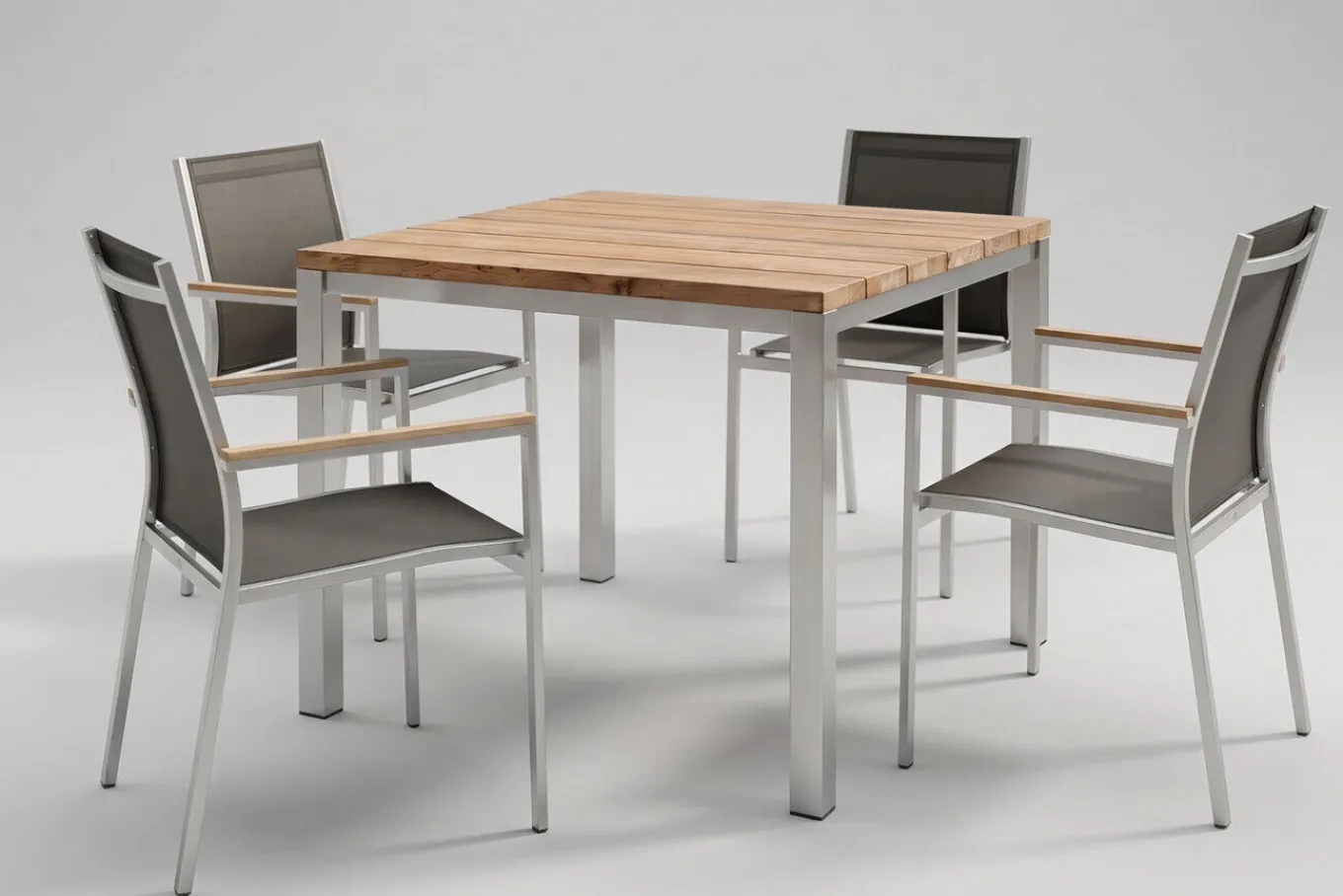 Discount Cardiff Garten-Essgruppe, silber/taupe, Edelstahl/recyceltes Teak, Tisch 90 x 90 cm, 4 Stapelsessel, FSC®-zertifiziertes Produkt Garten-Essgruppen|Edelstahl-Gartenmöbel