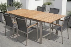 Sale Cardiff Garten-Essgruppe, silber/silbergrau, Edelstahl/Teak, Tisch 180/240 x 100 cm, 6 Stapelsessel, FSC®-zertifiziertes Produkt Garten-Essgruppen