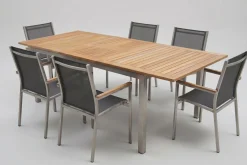 Sale Cardiff Garten-Essgruppe, silber/silbergrau, Edelstahl/Teak, Tisch 180/240 x 100 cm, 6 Stapelsessel, FSC®-zertifiziertes Produkt Garten-Essgruppen